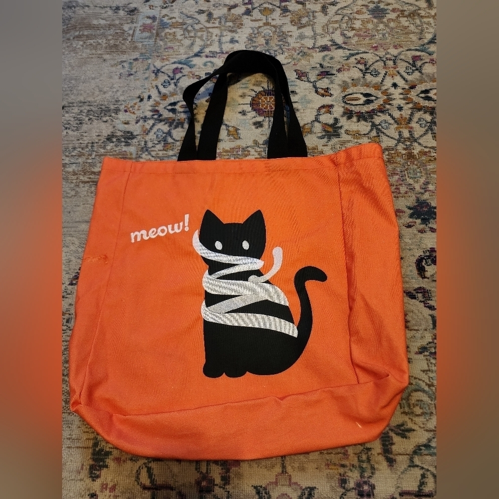 Source Unknown Orange Cat Tote with Black Handles